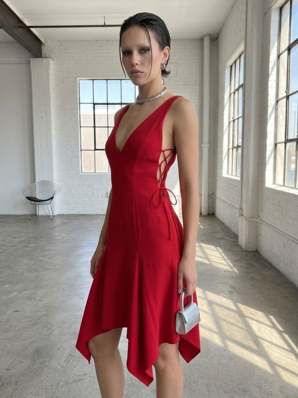 Vintage Y2K Wayne Clark Red Handkerchief Hem Dress | Made in Canada - US 4